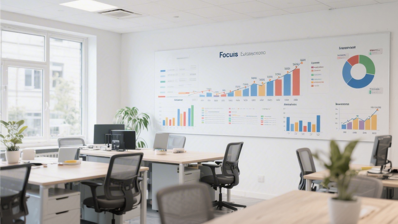 Bright European office space with collaborative tables, financial charts on the wall, and a focus board summarizing project milestones, reflecting transparency and agile execution in accounting projects