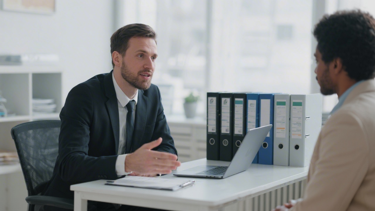 Professional consultant talking with a client beside a laptop and organized binders, presenting attentive communication, structured follow-up steps, and clearly documented accounting workflows for growing businesses
