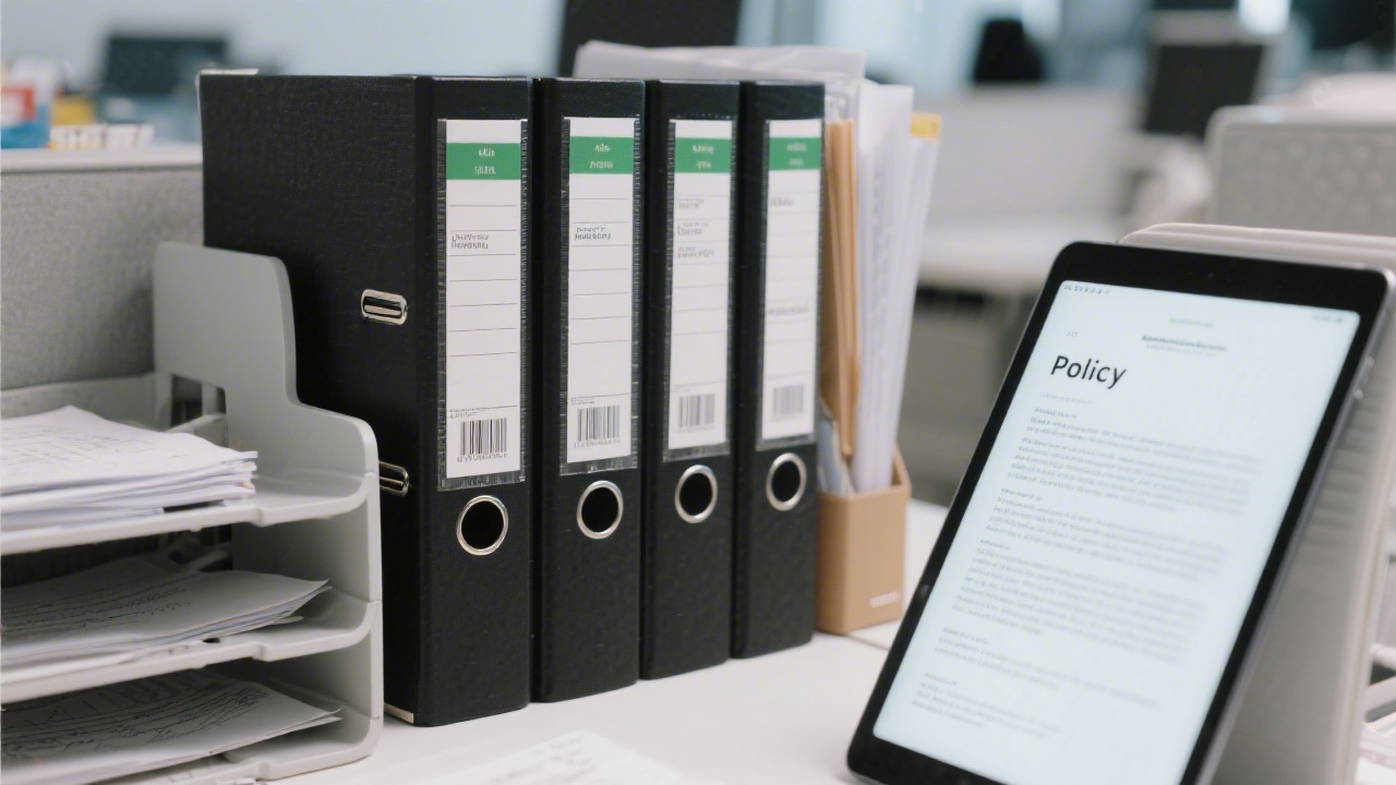 Close-up of annotated accounting binders, labeled dividers, and digital tablets displaying policy documents, emphasizing meticulous documentation standards and reliable audit readiness within a modern finance department