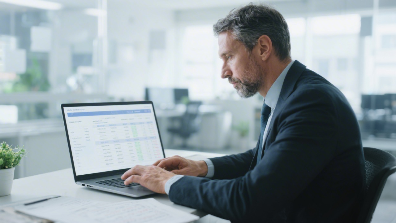 Experienced financial analyst reviewing structured ledgers and variance reports on a laptop within a bright office, focusing on accuracy, compliance, and transparent figures for strategic accounting decisions