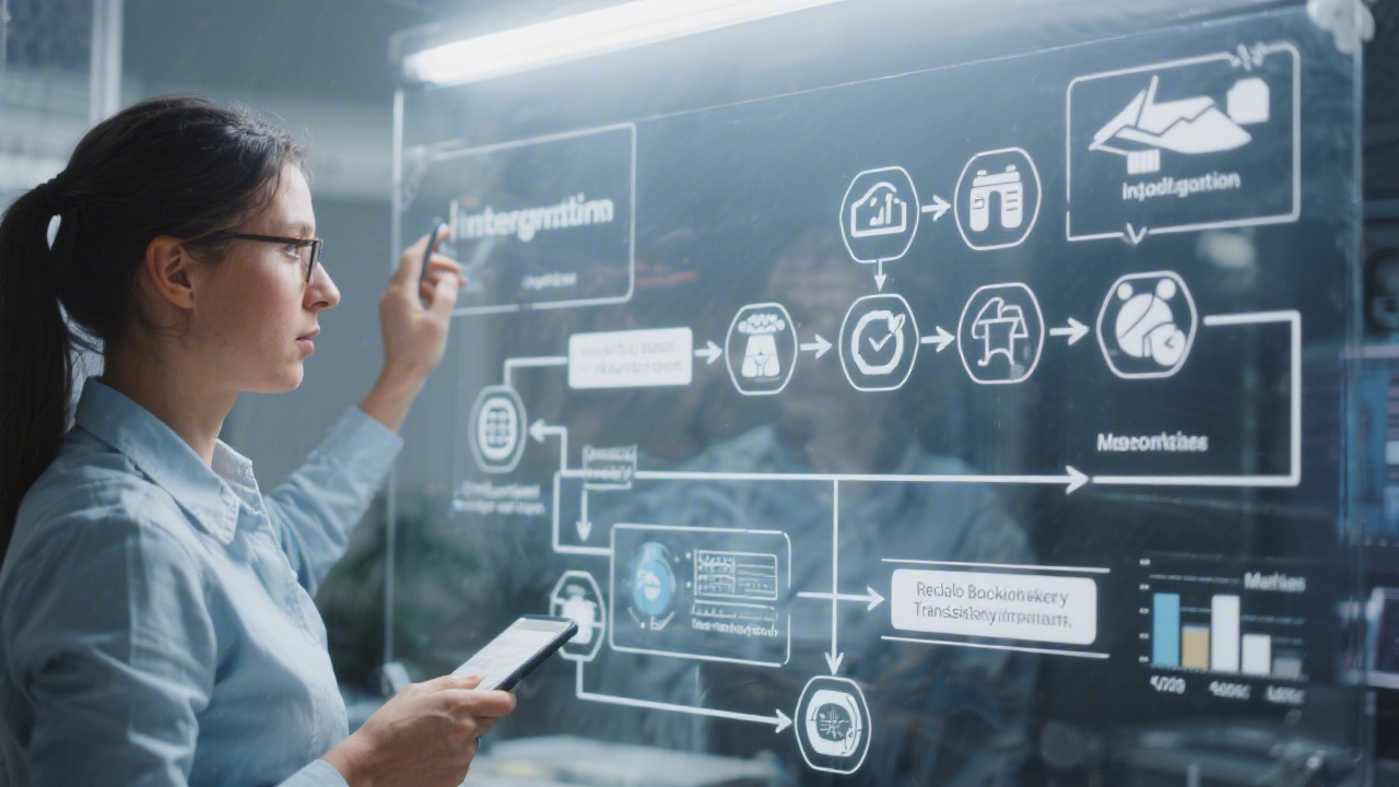 Project manager and accountant mapping process flows on a transparent board with integration icons, highlighting staged implementation, quality gates, and measurable outcomes for reliable bookkeeping transformations
