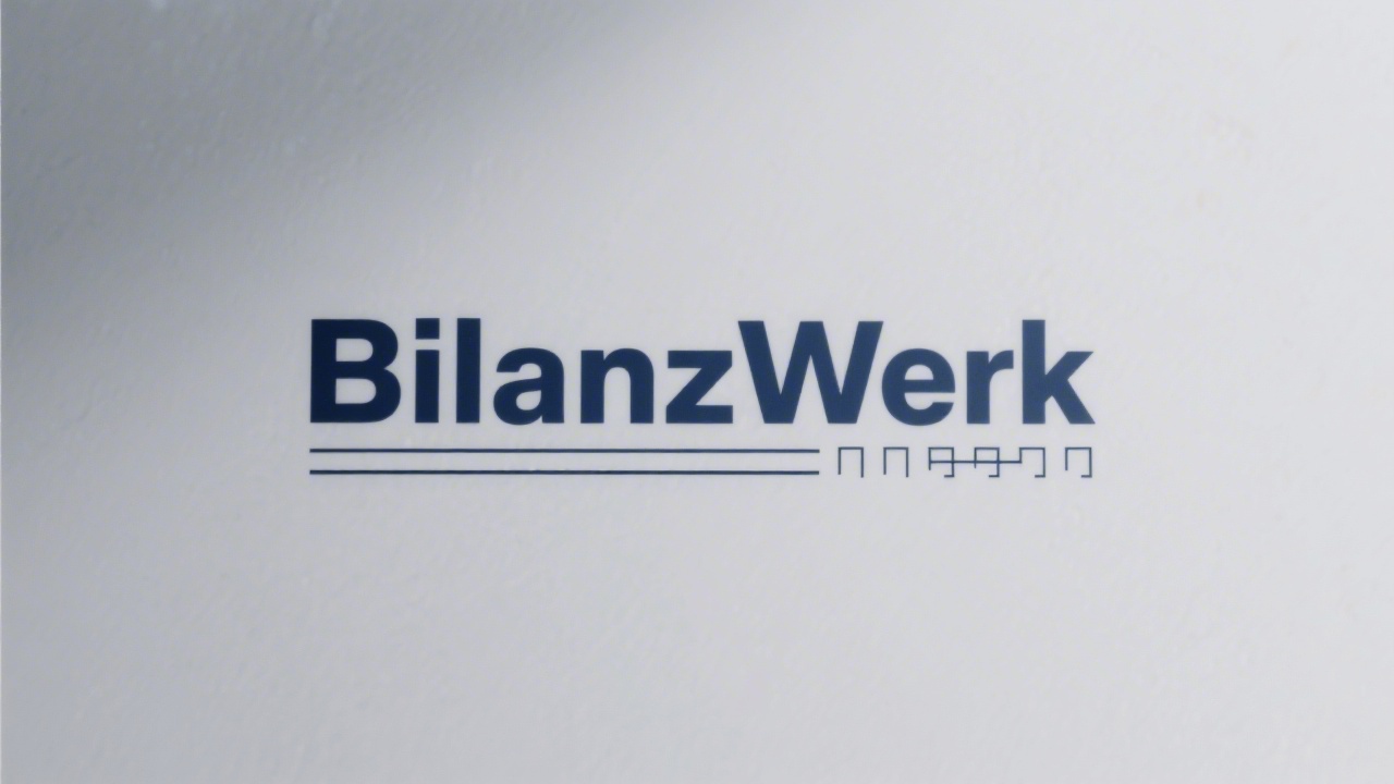Minimalistic textual logo reading BilanzWerk with a subtle ledger bar underline, designed in solid navy color for a contemporary accounting-focused corporate identity