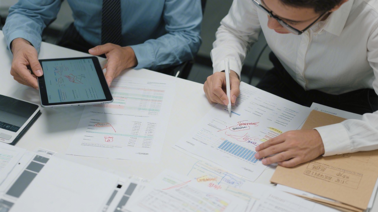 Two finance specialists comparing printed financial statements with annotated insights on a tablet, validating accuracy, consistency, and narrative clarity for stakeholder-ready reporting packages