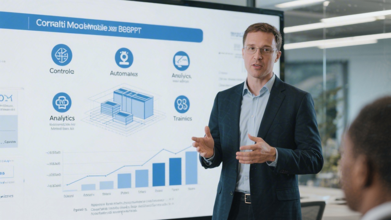 Consultant presenting modular service blueprints with icons for controls, automation, analytics, and training, demonstrating structured offerings tailored to diverse accounting maturity levels and organizational goals