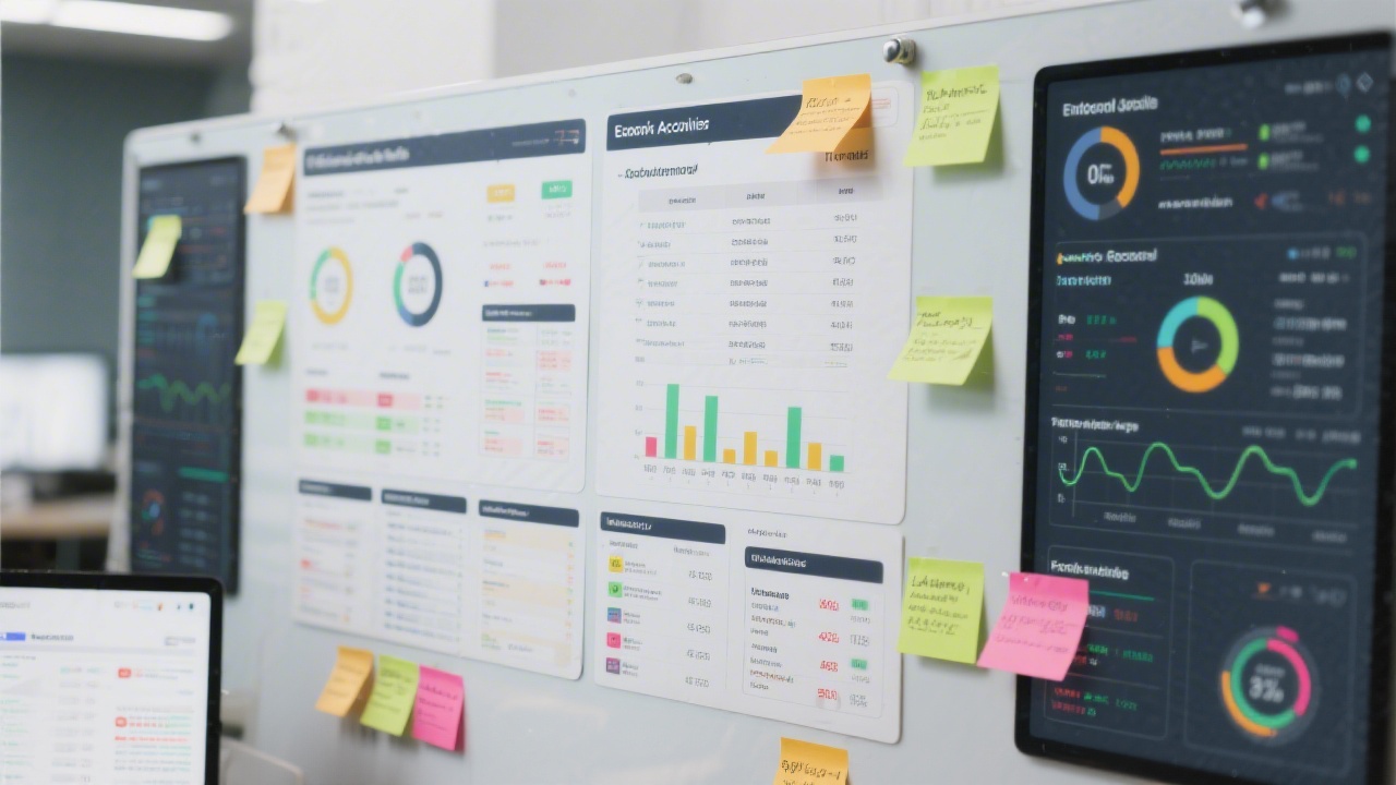 Detailed workflow board with sticky notes and digital dashboards illustrating end-to-end accounting procedures, emphasizing organized controls, reconciliations, and collaborative review checkpoints for reliable finance operations